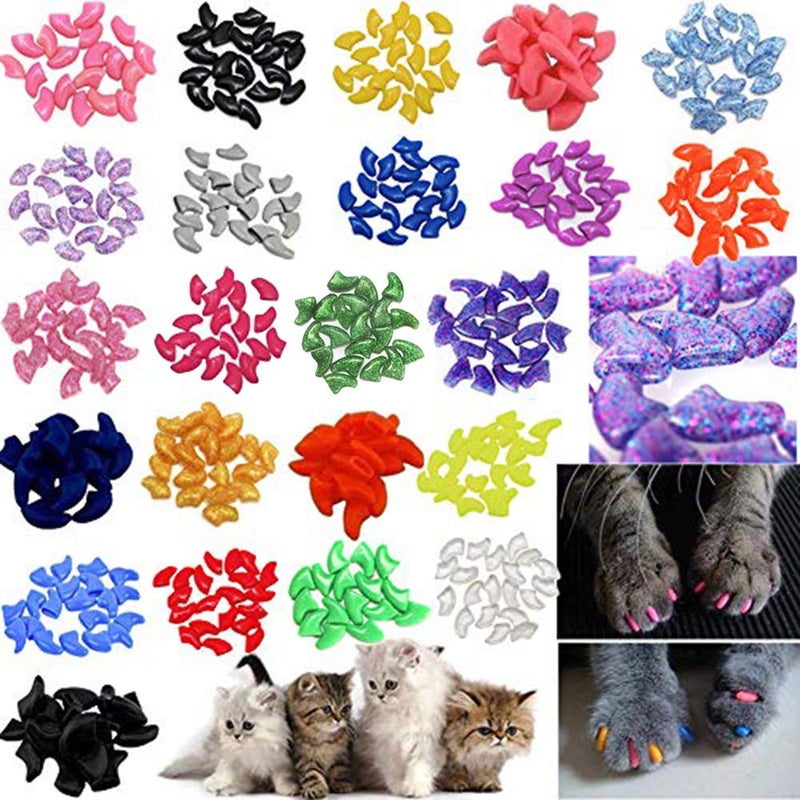 JOYJULY 140pcs Cat Nail Caps Kitten Caps 4 Glitter Colors + 10 Colorful Cat Nails Caps Covers + 7 Adhesive Glue + 7 Applicator with Instruction - Image 1
